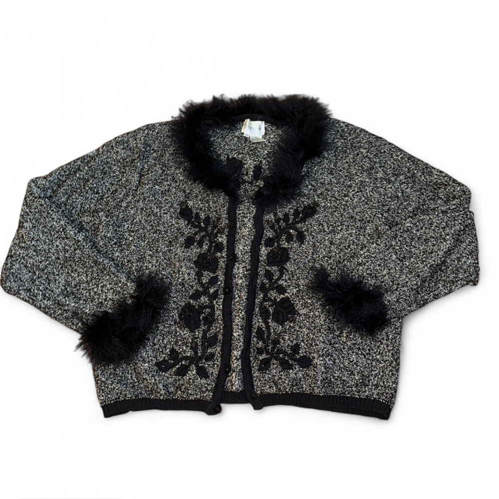 Vintage Chic Black and Gray Fur Trimmed Cardigan